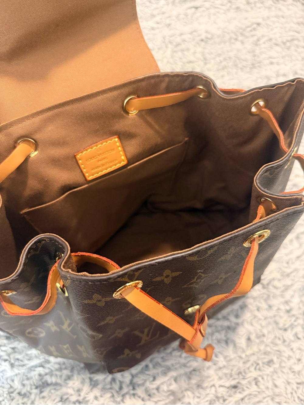 Brown Monogram Drawstring Backpack with Tan Trim - Picture 6 of 11